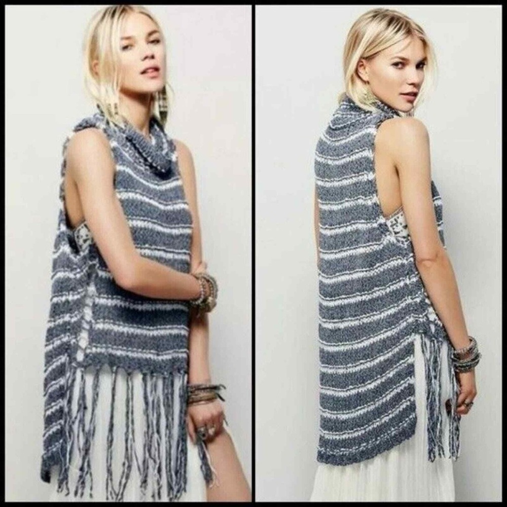 Free People Blue and white Striped Fringe Turtleneck crochet top S will fit M